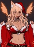  1girl absurdres animal_ear_fluff animal_ears bangs bare_shoulders bell bell_choker black_background blonde_hair breasts choker cleavage collarbone dark_skin dark_skinned_female detached_sleeves energy_wings ennuigrl fate/grand_order fate/grand_order_arcade fate_(series) fox_ears fur_trim gyaru hat highres large_breasts lips long_hair looking_at_viewer navel santa_costume santa_hat suzuka_gozen_(fate) suzuka_gozen_(santa)_(fate) wide_sleeves wings yellow_eyes 