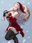  1girl abs alternate_costume belt black_belt breasts cross cross_earrings dorohedoro dress earrings fur-trimmed_dress fur_trim gift_bag hat highres jewelry large_breasts leg_up long_hair looking_at_viewer muscular muscular_female noi_(dorohedoro) open_mouth over_shoulder red_eyes red_footwear santa_costume santa_hat smile snowing solo thighhighs thighs uei_(uei73661268) white_hair 