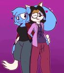  &lt;3 2020 anthro anthro_on_anthro black_clothing black_eyes black_hair black_shirt black_topwear blue_body blue_fur blue_hair bottomwear breasts brown_body brown_eyes brown_fur cleavage clothed clothing dipstick_tail domestic_cat duo eyewear facial_hair fangs felid feline felis female fluffy fluffy_tail fur glasses goatee grey_bottomwear grey_clothing grey_pants hair hand_on_hand hand_on_head hand_on_leg hand_on_thigh hi_res hoodie interspecies jacket jewelry jogging_pants lettuce_(latexia) looking_at_another looking_back male male/female mammal multicolored_tail necklace one_eye_closed open_clothing open_hoodie open_jacket open_mouth open_topwear pants peter_the_cat pink_background pink_clothing pink_hoodie pink_topwear purple_background purple_clothing purple_shirt purple_topwear raised_leg red_bottomwear red_clothing red_jacket red_pants red_topwear rodent romantic_couple sciurid shirt simple_background smile tan_hair topwear ultilix whiskers white_body white_fur wink 