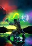  2020 black_body black_fur digital_media_(artwork) feathered_headdress felid fur hi_res jaguar magic magic_user male mammal markings multicolored_sky pantherine rear_view solo the_raf topless_male water white_markings 