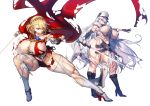  2girls azur_lane bad_anatomy belt black_gloves black_skirt blonde_hair blue_ribbon braid breasts cape capelet closed_mouth covered_nipples elbow_gloves eyebrows_visible_through_hair eyes_visible_through_hair fur-trimmed_cape fur_trim gloves hair_between_eyes hair_ribbon hat high_heels holding holding_sword holding_weapon large_breasts medium_hair melon22 multiple_girls muscular muscular_female parted_lips prince_of_wales_(azur_lane) red_cape red_eyes ribbon simple_background skirt sovetskaya_rossiya_(azur_lane) splashing sword thighhighs torn torn_clothes weapon white_background white_capelet white_gloves white_headwear white_legwear 