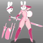  &lt;3 angstrom anthro beauty_mark big_breasts breasts cleaver_(weapon) clothing eyewear female goggles hi_res katana lagomorph leporid mammal melee_weapon motor open_mouth rabbit smile solo suit sword weapon 