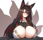  1girl animal_ears azur_lane black_gloves blush breasts brown_hair character_request collarbone eyebrows_visible_through_hair eyes_visible_through_hair fox_ears fox_tail gloves huge_breasts kitsune long_hair melon22 multiple_tails parted_lips red_eyes silhouette simple_background solo sweat tail white_background 