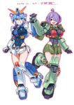  2girls blue_hair breasts brown_eyes covered_navel covered_nipples dated eyebrows_visible_through_hair green_eyes gundam gundam_0080 gundam_alex hair_over_one_eye highres holding_hands leg_up leotard mecha_musume medium_breasts medium_hair michi_kuso multiple_girls one_eye_covered open_mouth purple_hair short_hair skin_tight smile v-fin white_background zaku_ii_fz_kai 