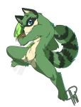  3_toes action_pose anthro blue_eyes chromaflare female fur green_body green_fur leaf mammal pose procyonid raccoon solo striped_tail stripes toes 