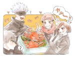  1girl 3boys :d bad_id bad_twitter_id black_hair black_jacket blindfold brown_eyes brown_hair closed_mouth commentary covered_eyes crab double_v food fushiguro_megumi gakuran gojou_satoru green_eyes grin hands_up heart high_collar hood hood_down hoodie itadori_yuuji jacket jujutsu_kaisen kugisaki_nobara long_sleeves multiple_boys musical_note open_mouth profile red_hoodie school_uniform short_hair smile speech_bubble spiked_hair sssk_5 swept_bangs symbol-only_commentary thought_bubble undercut upper_body v white_background white_hair yellow_background 