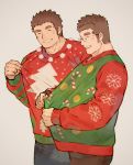  2boys ^_^ bara blush brown_hair candy candy_cane candy_print chataro1412 christmas closed_eyes couple food glasses green_sweater male_focus master_3_(tokyo_houkago_summoners) multiple_boys red_sweater shiro_(tokyo_houkago_summoners) short_hair sideburns simple_background sweater thick_eyebrows tokyo_houkago_summoners upper_body 