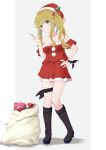  1girl absurdres blonde_hair boots box christmas eyebrows_visible_through_hair fang file112056 full_body gift gift_box green_eyes hair_bobbles hair_ornament hand_on_hip hat highres inuyama_aoi knee_boots off_shoulder sack santa_costume santa_hat side_ponytail simple_background skin_fang solo syringe thick_eyebrows yurucamp 