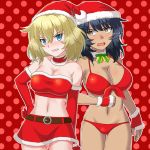  2girls andou_(girls_und_panzer) bangs bare_shoulders bell bell_choker belt beni_(bluebluesky) bikini black_belt black_hair blonde_hair blue_eyes blush breasts brown_eyes choker cleavage commentary cowboy_shot dark_skin elbowing eyebrows_visible_through_hair front-tie_bikini front-tie_top frown fur-trimmed_choker fur-trimmed_shirt fur_trim girls_und_panzer girls_und_panzer_senshadou_daisakusen! gloves grimace half_gloves hand_on_hip hat highres holding large_breasts looking_at_another medium_breasts medium_hair messy_hair midriff miniskirt multiple_girls navel official_alternate_costume open_mouth oshida_(girls_und_panzer) polka_dot polka_dot_background red_background red_bikini red_choker red_shirt red_skirt santa_bikini santa_gloves santa_hat shirt side-by-side skindentation skirt standing strapless swimsuit thigh_gap tubetop v-shaped_eyebrows white_choker 