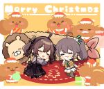  &gt;_&lt; 2girls animal_ears black_eyes blush chibi christmas closed_eyes ebi_frion_(natsuiro_matsuri) facial_hair hat highres hololive merry_christmas multiple_girls mustache natsuiro_matsuri official_alternate_costume open_mouth santa_hat sleeping squirrel squirrel_ears tongue tongue_out virtual_youtuber yasashi_v 