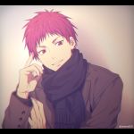  1boy akashi_seijuurou bangs black_scarf blush brown_coat casual coat commentary_request gradient gradient_background grey_background hand_up kuroko_no_basuke letterboxed long_sleeves male_focus mashima_shima parted_lips red_eyes red_hair scarf short_hair simple_background smile solo twitter_username upper_body 