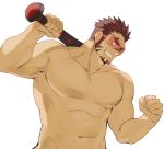  1boy abs akashi_(live_a_hero) bara clenched_hand club completely_nude facial_hair goatee highres live_a_hero looking_to_the_side male_focus muscular muscular_male navel nude over_shoulder pectorals pesox red_eyes red_hair short_hair sideburns solo sunglasses thick_eyebrows upper_body weapon weapon_over_shoulder white_background 