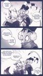  2_horns anthro blitzo_(vivzmind) canid canid_demon chair clothed clothing comic demon dialogue duo earmuffs emanata english_text female fur furniture hair hellhound helluva_boss horn imp loona_(vivzmind) male mammal monochrome scarf spade_tail speech_bubble text winter_clothing 