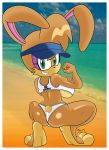  absurd_res anthro archie_comics background_sky beach big_breasts big_butt big_feet breasts bunnie_rabbot butt crouching feet female fist_pump flexing flexing_bicep green_eyes hi_res huge_breasts lagomorph leporid mammal mobian_monster photo_background rabbit sea seaside smile smug solo sonic_the_hedgehog_(archie) sonic_the_hedgehog_(comics) sonic_the_hedgehog_(series) summer under_boob visor volleyball_uniform water wide_hips 