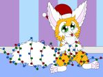  amber_fur anthro big_eyes canid canine christmas_lights coelhoposa_(artist) cute_fangs digital_media_(artwork) fennec fluffy fluffy_chest fluffy_tail fox hi_res hybrid lagomorph leporid male mammal neck_tuft pawpads rabbit romeo_(coelhoposa) solo tuft wrapped 