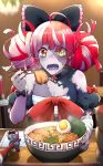  1girl absurdres ahoge bangs black_bow black_dress bow bowl breasts chopsticks cleavage dress drooling eating egg english_commentary eyebrows_visible_through_hair food grey_hair hair_bow heterochromia highres holding holding_bowl holding_chopsticks hololive hololive_indonesia kureiji_ollie lemony medium_breasts multicolored_hair noodles open_mouth purple_tongue ramen red_bow red_eyes red_hair shoulders solo stitched_face stitches stuffed_animal stuffed_toy symbol-shaped_pupils teddy_bear torn_clothes torn_dress two-tone_hair udin_(kureiji_ollie) virtual_youtuber x_x yellow_eyes zombie 