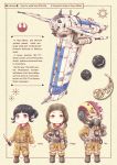  1boy 2girls black_hair blue_eyes blush bomb brown_gloves chibi english_text gloves hand_on_hip helmet highres looking_down mg-100_starfortress_sf-17 multiple_girls nix_jerd nosh paige_tico pilot_suit ponytail purple_eyes red_eyes rose_tico science_fiction smile space_craft star_wars star_wars:_the_last_jedi tied_hair v-shaped_eyebrows 