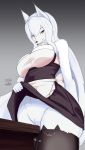  anthro blep breasts canid canine canis clothed clothing clothing_lift covered_breasts dress dress_lift female fur genitals hair hi_res mammal no_underwear pubes pussy skulkers solo tongue tongue_out white_body white_fur white_hair wolf 