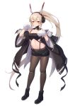  1girl absurdly_long_hair absurdres artist_name ayanami_(azur_lane) ayanami_(rock&#039;n_kijin)_(azur_lane) azur_lane bangs bare_shoulders bell black_coat black_footwear black_legwear black_shorts black_tubetop blush breasts chinese_commentary cleavage closed_mouth coat collarbone commentary_request crop_top eyebrows_visible_through_hair full_body gloves hair_between_eyes hair_ornament headgear headphones high_ponytail highres layered_clothing leg_strap legwear_under_shorts long_hair looking_at_viewer midriff navel off_shoulder open_fly orange_eyes pantyhose paw_gloves paw_pose paws platinum_blonde_hair ponytail retrofit_(azur_lane) shoes short_shorts shorts sidelocks simple_background solo standing very_long_hair white_background white_coat yan_sui_yu_la 