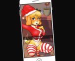  &lt;3 animal_crossing anthro blush bodily_fluids bottomless breasts canid canine canis cellphone christmas christmas_clothing christmas_headwear clothed clothing crouching domestic_dog drooling english_text female fur genital_fluids genitals hair hand_on_breast hat headgear headwear holidays inside isabelle_(animal_crossing) leggings legwear looking_at_viewer mammal nintendo open_mouth partially_clothed phone photo pussy pussy_juice saliva santa_hat shih_tzu smartphone snapchat solo stockings tailwag tdtbaa teeth text tongue toy_dog video_games yellow_body yellow_fur 