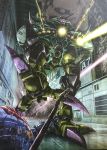  ball_(gundam) big_zam from_above glowing glowing_eyes gundam highres laser looking_down mecha mobile_suit_gundam no_arms no_humans one-eyed pink_eyes science_fiction solo teraoka_iwao walking zeon 