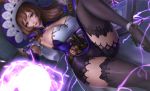 1girl bangs black_gloves black_legwear blush breasts brown_hair cleavage genshin_impact gloves green_eyes hat high_heels large_breasts limgae lips lisa_(genshin_impact) long_hair looking_at_viewer low_tied_hair mage purple_capelet purple_headwear smile solo strapless thighhighs thighs vision_(genshin_impact) witch_hat 