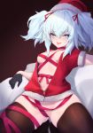  1girl absurdres blue_eyes blue_hair bottomless breasts commentary_request fang fur_trim girls_frontline gloves hair_ribbon hat heart heart-shaped_pupils highres looking_at_viewer mari0ball medium_breasts naughty_face navel no_bra open_clothes pa-15_(girls_frontline) red_ribbon ribbon santa_costume santa_hat short_sleeves smile solo symbol-shaped_pupils thick_thighs thighhighs thighs tongue tongue_out twintails 