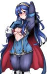  1girl absurdres arm_up armband bikini bikini_under_clothes blue_eyes blue_hair blush breasts cameltoe cape commentary_request fingerless_gloves fire_emblem fire_emblem_awakening gggg gloves hair_ornament highres long_hair looking_at_viewer lucina_(fire_emblem) open_clothes open_shirt simple_background small_breasts smile solo steam sweat swimsuit tiara very_long_hair white_background 