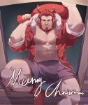  1boy abs absurdres alternate_costume antlers bara bare_pecs beard box bulge christmas facial_hair fate/grand_order fate_(series) fur-trimmed_jacket fur_trim gift gift_box grey_shorts guoguo hat highres iskandar_(fate) jacket male_focus merry_christmas muscular muscular_male open_clothes open_jacket pectorals red_eyes red_hair reindeer_antlers santa_costume short_hair shorts socks solo star_(sky) stomach thick_thighs thighs window 