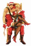  2boys alternate_costume bare_arms bare_shoulders blonde_hair brown_footwear brown_hair caesar_anthonio_zeppeli catneylang christmas couple crossdressing dress eye_contact full_body fur-trimmed_dress fur_trim gloves hat high_heels highres jojo_no_kimyou_na_bouken joseph_joestar_(young) lipstick_mark looking_at_another male_focus merry_christmas multiple_boys muscular muscular_male pectorals red_footwear red_gloves santa_costume santa_hat short_hair sitting sitting_on_lap sitting_on_person thighhighs thighs throne yaoi 