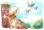  bird blue_sky cloud cloudy_sky creature day fletchling flying frown gen_2_pokemon gen_6_pokemon looking_at_another looking_up no_humans outdoors pokemon pokemon_(creature) sky smeargle third-party_source yellowfur 