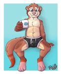  2020 absurd_res anthro balls_outline biped black_clothing black_underwear blue_eyes boxers_(clothing) brown_body brown_fur brown_hair bulge cheek_tuft chest_tuft claws clothed clothing cup cute_fangs eyebrows facial_tuft fur gaokun genital_outline hair hi_res holding_cup holding_object inner_ear_fluff looking_at_viewer lutrine male mammal mustelid orange_body orange_eyebrows orange_fur partially_clothed penis_outline pink_nose solo steam tan_body tan_fur tan_inner_ear toe_claws tuft underwear watermark whiskers 