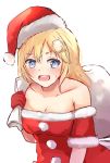  1girl armband bag bangs bare_shoulders blue_eyes breasts christmas cleavage collarbone eyebrows_visible_through_hair hair_ornament hat highres holding holding_bag hololive hololive_english medium_breasts monocle_hair_ornament open_mouth santa_hat shuuzo3 solo sweatdrop v-shaped_eyebrows virtual_youtuber watson_amelia 