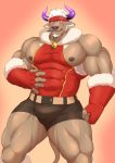  1boy absurdres animal_ears bara bare_pecs bare_shoulders belt black_shorts blush brown_fur bulge christmas cosplay covered_abs cow_ears cow_horns fur-trimmed_gloves fur_trim furry gloves headband highres horns keijimohumohu male_focus minotaur mint muscular muscular_male nipple_slip nipples pectorals purple_eyes purple_horns santa_costume shennong_(tokyo_houkago_summoners) short_hair shorts solo takemaru_(tokyo_houkago_summoners) takemaru_(tokyo_houkago_summoners)_(cosplay) textless thick_thighs thighs tokyo_houkago_summoners white_hair 