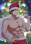  1boy :d abs black_eyes black_hair blurry blurry_background bobblehat carrying_over_shoulder chest_jewel christmas_tree collarbone cowboy_shot depth_of_field fur-trimmed_headwear fur-trimmed_pants grin hand_on_hip hat highres looking_at_viewer malos_(xenoblade) mebi_(mebieru) open_mouth pants red_headwear red_pants sack santa_hat shirtless short_hair smile solo teeth upper_body v-shaped_eyebrows xenoblade_chronicles_(series) xenoblade_chronicles_2 