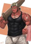  1boy bara bare_arms bare_shoulders black_tank_top broken_horn brown_hair bulge chest_hair covered_abs covered_navel cowboy_shot facial_hair fang highres horns looking_at_viewer male_focus medium_hair muscular muscular_male oni oni_horns over_shoulder oyatu55k pectorals red_oni_(tokyo_houkago_summoners) shorts sideburns solo stubble sword sword_over_shoulder tank_top thick_eyebrows thick_thighs thighs tied_hair tokyo_houkago_summoners towel veins weapon weapon_over_shoulder white_shorts wooden_sword yellow_sclera 