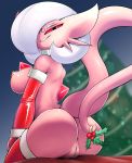  absurd_res anus bed_sheet bedding breasts butt christmas christmas_clothing christmas_tree clothing female fir3born gardevoir genitals hi_res holidays holly_(plant) humanoid looking_at_viewer majinvoir nintendo nipples not_furry plant pok&eacute;mon pok&eacute;mon_(species) pussy rubber smug solo tree video_games 