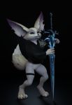  2020 3d_(artwork) anthro big_ears blizzard_entertainment blue_eyes canid claws clothing digital_media_(artwork) feindbild female fingers frostmourne fur hi_res holding_object holding_weapon looking_at_viewer mammal melee_weapon mostly_nude shoulder_pads simple_background smile solo standing sword toe_claws toes topwear video_games vulpera warcraft weapon white_body white_fur 
