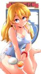  1girl aono3 bangs bare_shoulders blonde_hair blue_eyes blurry blush breasts casual_one-piece_swimsuit cleavage collarbone cup darjeeling_(girls_und_panzer) depth_of_field emblem eyebrows_visible_through_hair frilled_swimsuit frills girls_und_panzer hair_down highres holding holding_cup large_breasts legs long_hair looking_at_viewer one-piece_swimsuit saucer scrunchie side-tie_swimsuit sitting smile st._gloriana&#039;s_(emblem) swimsuit teacup thighs wariza white_background white_swimsuit wrist_scrunchie 