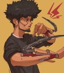  1boy afro arm_blade beard black_shirt cyberpunk cyberpunk_2077 cyborg edpan english_commentary facial_hair from_side gacha highres lightning_bolt looking_ahead parted_lips red_eyes science_fiction shirt solo t-shirt weapon yellow_background 