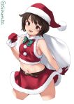  1girl belt belt_buckle blush brown_belt brown_eyes brown_hair buckle cropped_legs ebifurya eyebrows_visible_through_hair gloves hat highres kantai_collection miyuki_(kantai_collection) open_mouth pom_pom_(clothes) red_gloves sack santa_costume santa_hat short_hair simple_background smile solo twitter_username white_background 