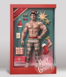  1boy abs antlers bara box christmas eyewear_removed facial_hair full_body gift gift_box hand_on_hip hat highres looking_at_viewer male_focus merry_christmas muscular muscular_male navel nipples original pants pectorals red_nose reindeer_antlers santa_costume santa_hat shirtless short_hair silverjow socks solo stubble thick_thighs thighs tight tight_pants veins 