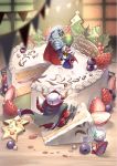 artist_name axe blueberry cake cape chibi food fruit gm_(mobile_suit) gundam haguma_karasu holding holding_axe holding_food holding_fruit horns knight_gundam looking_back mecha no_humans sd_gundam sd_gundam_gaiden strawberry_shortcake v-fin 