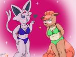  &lt;3 anthro blowing_kiss blush clothed clothing duo eeveelution embarrassed espeon eyewear female glasses hi_res looking_at_viewer nintendo one_eye_closed pink_background pink_body pok&eacute;mon pok&eacute;mon_(species) simple_background sparkles umbreonvevo underwear underwear_only video_games vulpix wink 