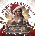  1boy absurdres amo9612 beard black_hair black_tank_top christmas cyberpunk cyberpunk_2077 facial_hair flower gingerbread_cookie hat highres incoming_food johnny_silverhand_(cyberpunk_2077) long_hair male_focus merry_christmas muscular muscular_male mustache pectorals prosthesis prosthetic_arm rose santa_costume santa_hat solo stubble sunglasses tank_top upper_body 