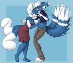  2019 2_tails :3 anthro bladder_bulge blue_hair blush bottomwear clenched_teeth clothed clothing dipstick_tail dress duo female fur hair male male/female meowstic motion_lines multi_tail multicolored_body multicolored_fur multicolored_tail nintendo omorashi open_bottomwear open_clothing open_pants pants pok&eacute;mon pok&eacute;mon_(species) punkrockvampire shirt signature teeth topwear underwear video_games white_hair 