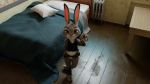  16:9 3d_(artwork) anthro armor bed bedroom_setting belt belt_pouch blender_(software) body_armor bottomless clothed clothing digital_media_(artwork) disney female footwear fur furniture hand_behind_back handcuffs hi_res high-angle_view holding_object inside judy_hopps lagomorph leporid looking_at_viewer looking_up mammal multicolored_body multicolored_fur oldwing partially_clothed purple_eyes rabbit shackles smiling_at_viewer solo standing toeless_footwear two_tone_body two_tone_fur widescreen zootopia 