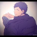  1boy aomine_daiki bangs black_eyes black_hair black_jacket black_shirt blush casual commentary_request dark_skin dark_skinned_male gradient gradient_background grey_background interlocked_fingers jacket jacket_on_shoulders kuroko_no_basuke letterboxed long_sleeves looking_back male_focus mashima_shima outstretched_arms parted_lips shirt short_hair simple_background smile solo stretch twitter_username upper_body 