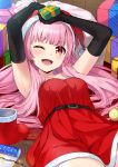  1girl ;d armpits arms_up bangs bare_shoulders belt black_gloves blunt_bangs blush bon_(bonbon315) box breasts christmas collarbone commentary_request dress elbow_gloves eyebrows_visible_through_hair gift gift_box gloves hat highres holding holding_gift indoors long_hair looking_at_viewer lying on_back one_eye_closed open_mouth original pink_hair red_dress red_gloves red_headwear santa_costume santa_hat short_dress short_sleeves smile solo 