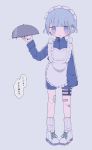  1girl absurdres apron bandages bandaid bandaid_on_leg bangs blood blue_eyes blue_hair blue_theme eyebrows_visible_through_hair highres holding jacket jersey light_blue_background maid maid_apron open_mouth original shoes short_hair socks solo speech_bubble spiral_eyes standing track_jacket white_legwear wotoha 